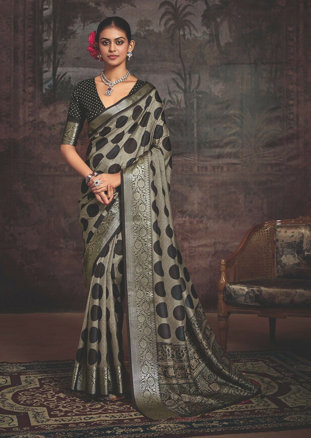 Joban Fashion Black Art Silk With Fine Viscose Border Ajrak Full Body Print With Soft Finish Saree | Grocsy