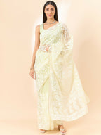 Yellow Organza Paisely Embroidered Saree with Unstitched Blouse Piece - Roozal | Grocsy
