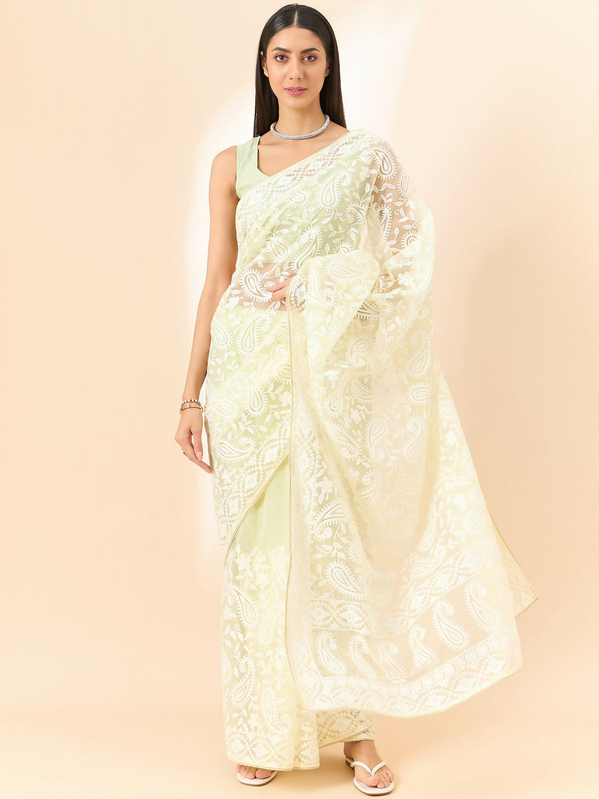 Yellow Organza Paisely Embroidered Saree with Unstitched Blouse Piece - Roozal | Grocsy