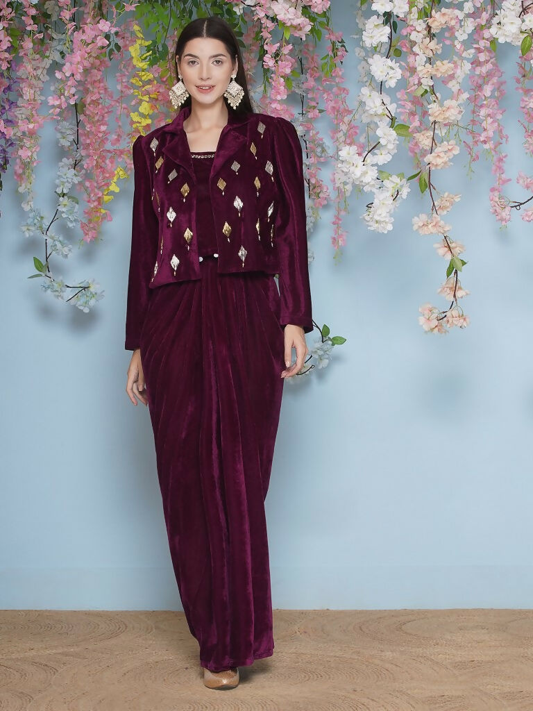 Joban Fashion Wine Hand Embellished Jacket with inner and skirt | Grocsy
