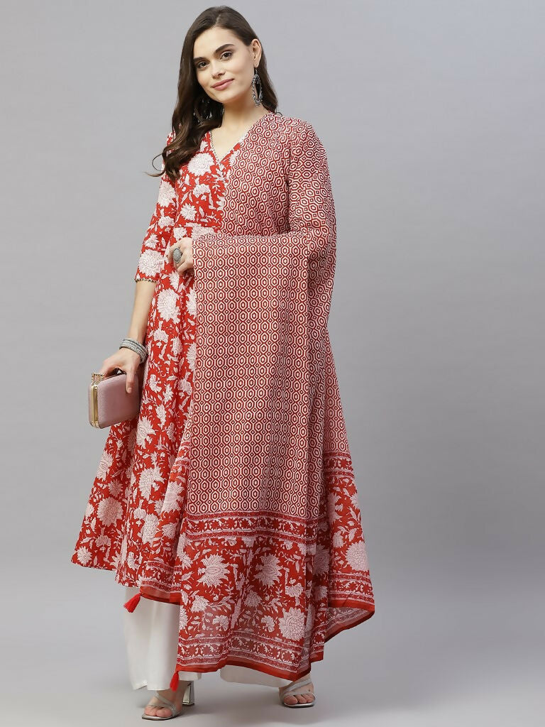 Miravan Women's Cotton Floral Printed Anarkali Kurta With Dupatta | Grocsy