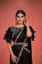 Black Crepe Silk Satin Cord & Sequence Embroidery with Stone & Moti Work Saree With Stitched Blouse - Mohmanthan Elegancia | Grocsy