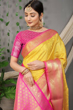 Jyoti Fashion Women's Yellow Kanjivaram Silk Zari Woven Saree with Blouse | Grocsy