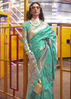 Beautiful Aqua Blue Handloom Weaving Silk Saree - Emponline | Grocsy