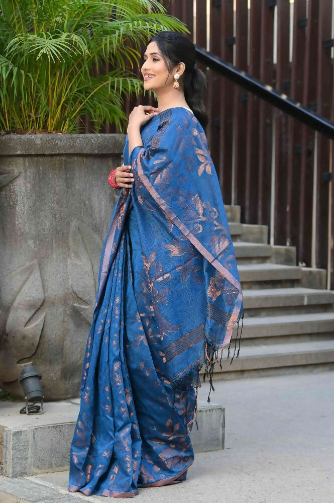 Beatitude Blue Cotton Floral Jamdani Saree | Grocsy