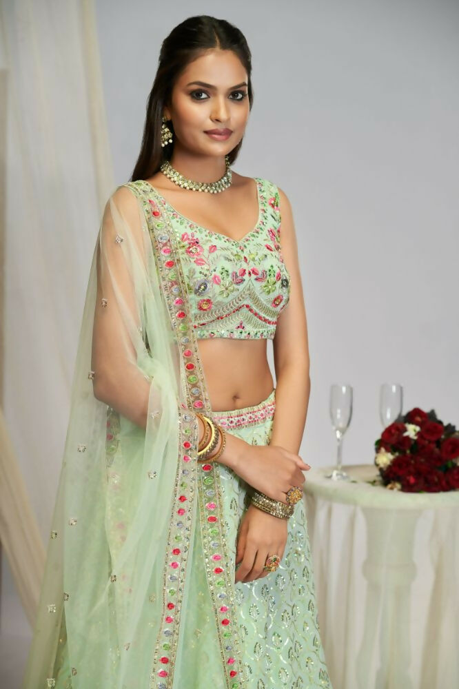 Pastel Green Georgette Thread Embroidery Work Lehenga Choli For Women - Jihu Culture | Grocsy