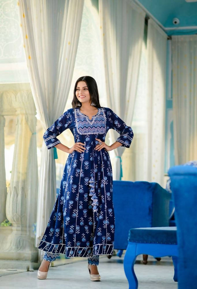 Yufta Women Blue Yoke Design Regular Pure Cotton Kurta with Trouser With Dupatta | Grocsy