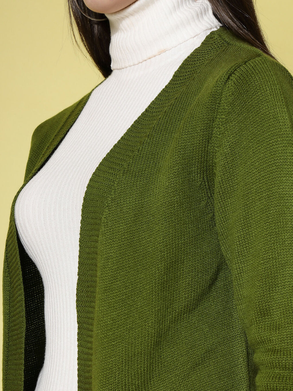 Women Olive Acrylic Solid Cardigan - Wool Trees | Grocsy