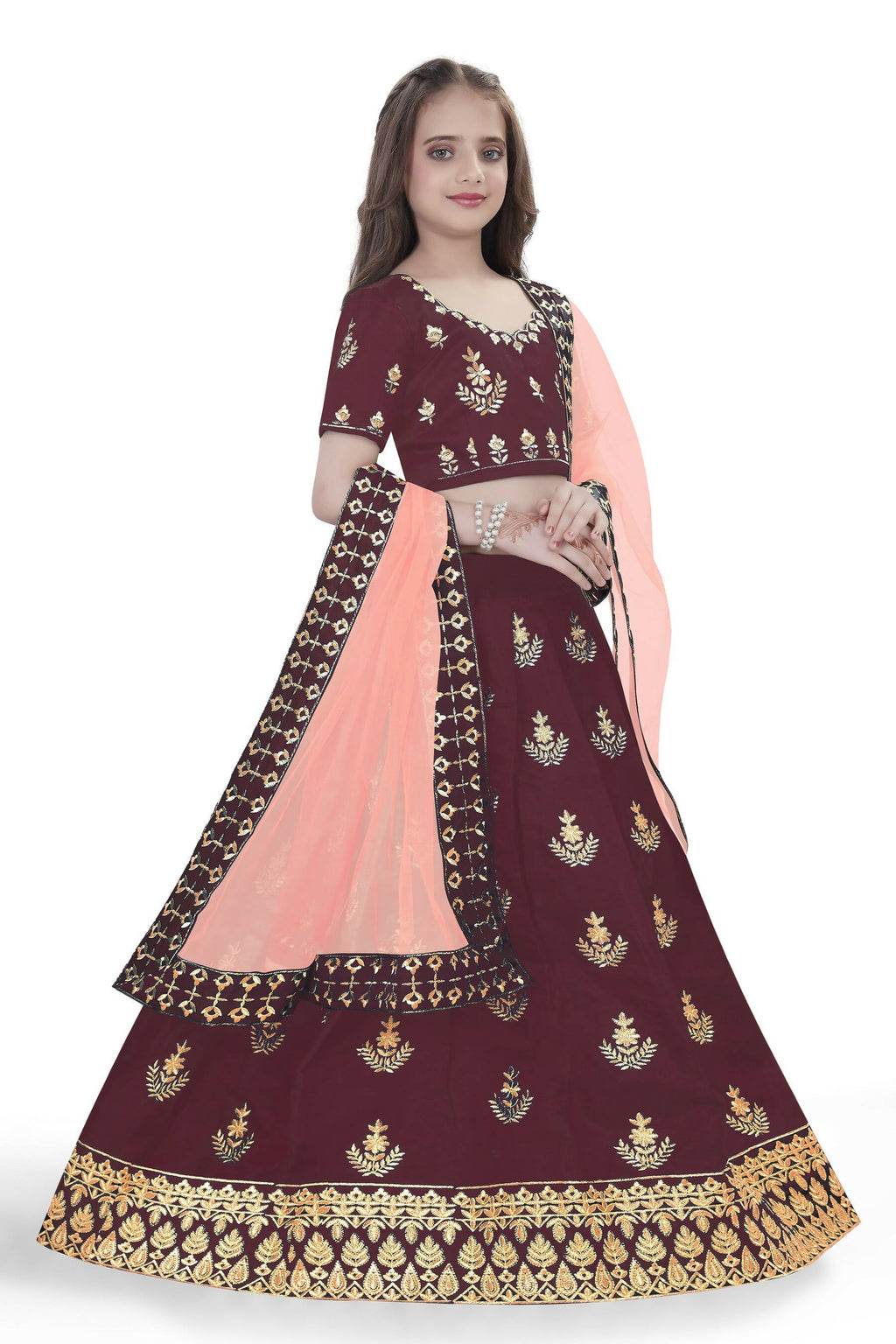 Dwiden Maroon Kamal Tafetta Sattin Semi-Stitched Girl's Lehenga Choli | Grocsy