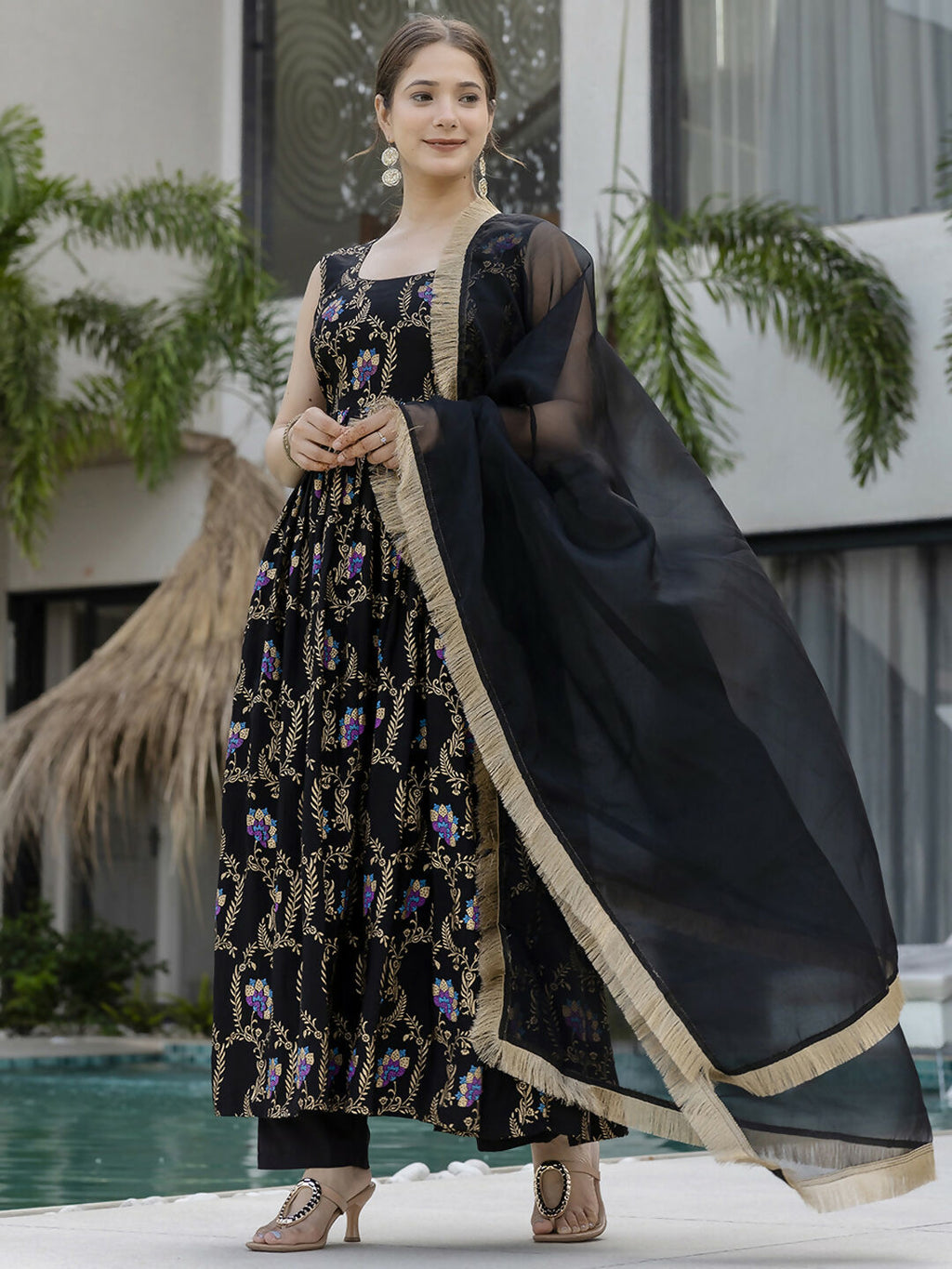 The52 Black Women's Gorgeous Printed Muslin Fabric Flared Kurta Pant and Dupatta Set | Grocsy