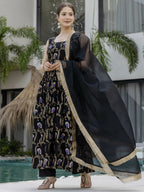 The52 Black Women's Gorgeous Printed Muslin Fabric Flared Kurta Pant and Dupatta Set | Grocsy