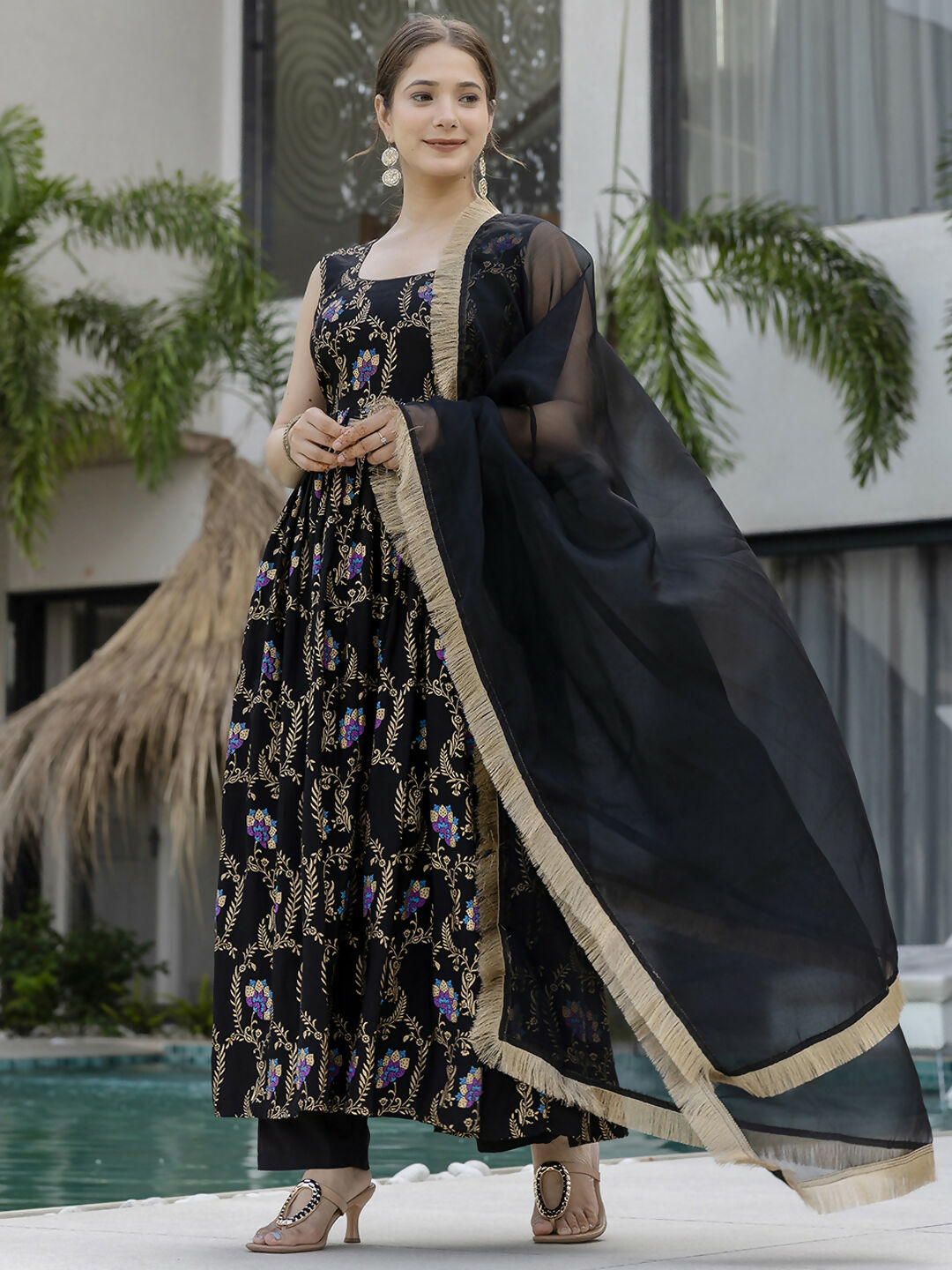 The52 Black Women's Gorgeous Printed Muslin Fabric Flared Kurta Pant and Dupatta Set | Grocsy
