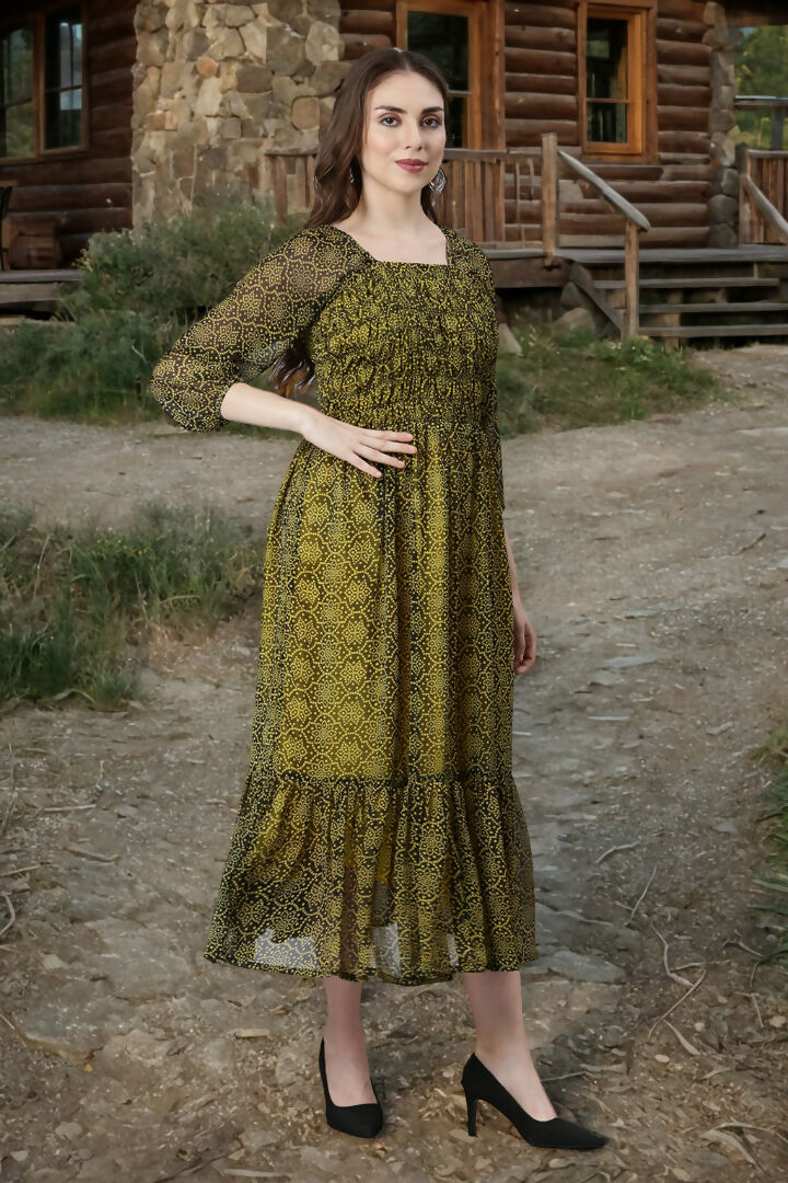 Souchii Black Bandhani Printed Ethnic Fit & Flare Dress | Grocsy