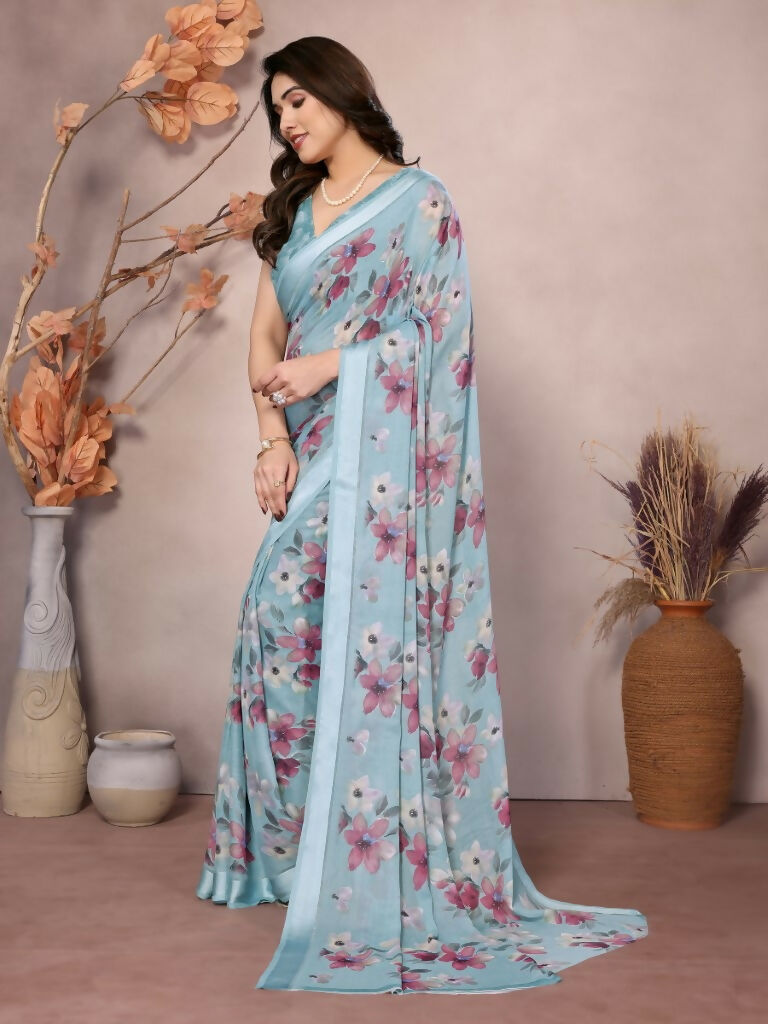 Designer Partywear Light Blue Bright Moss Satin Patta Fancy Saree - Kanak | Grocsy