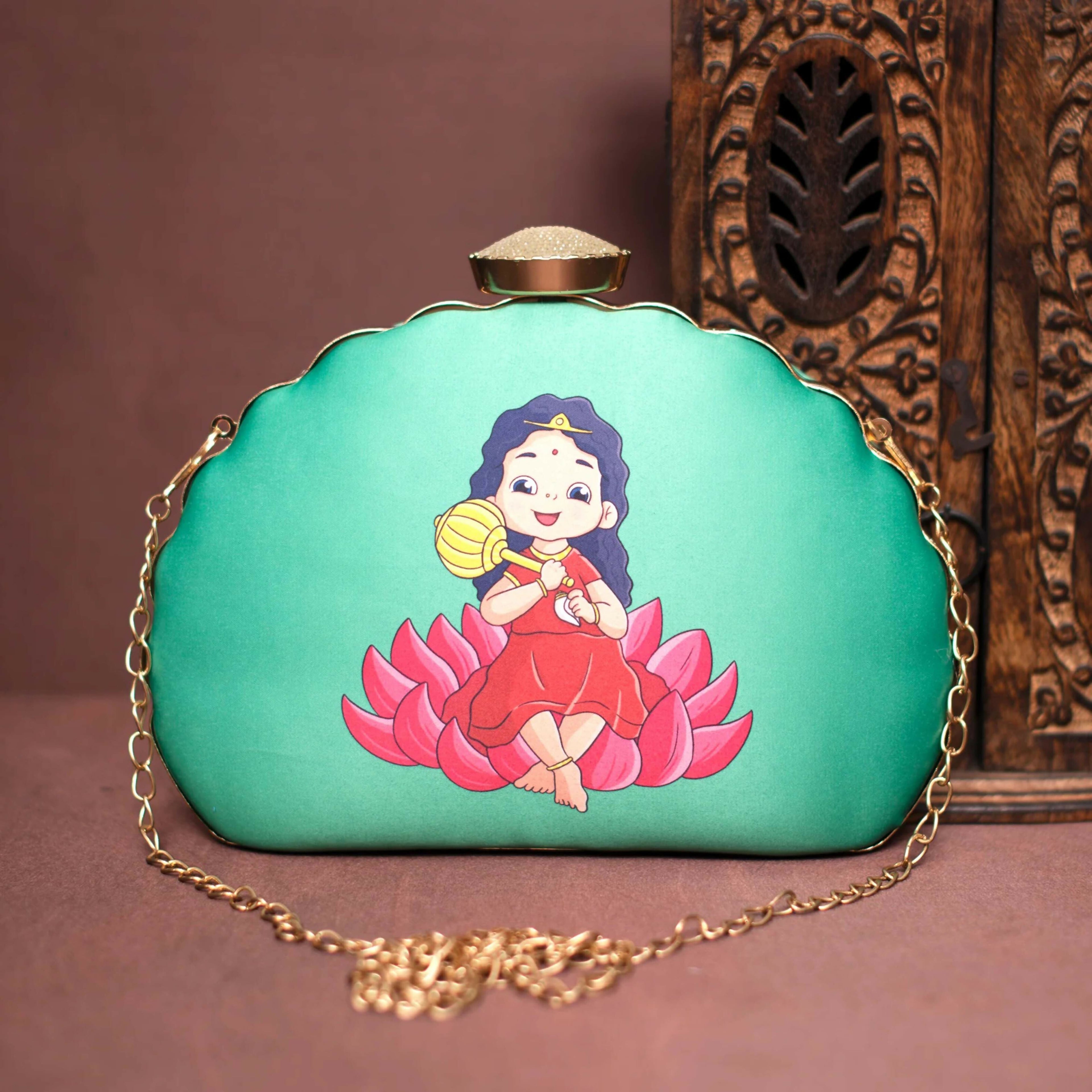 Joban Fashion Baby Durga Printed D-Shape Clutch - Green | Grocsy