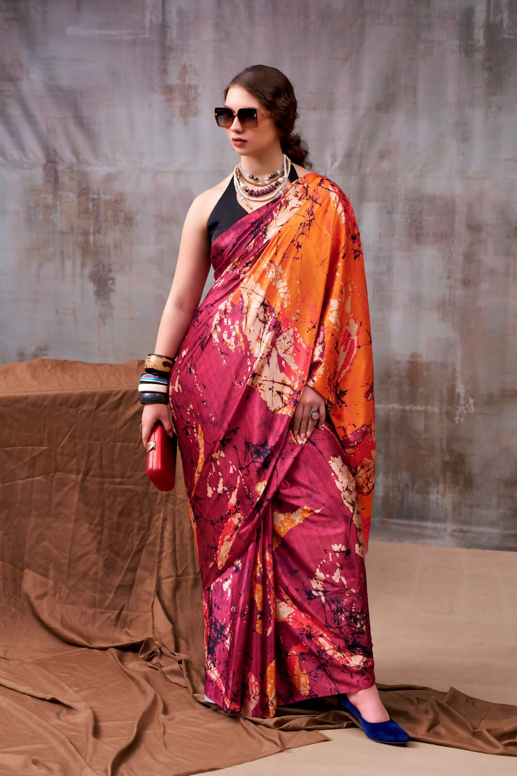 Vastranavya Maroon Satin Silk Printed Saree with a Natural Silk Unstitched Blouse | Grocsy