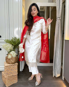 The52 White Women's Beautiful Chanderi Jacquard Fabric Embroidered Work Straight Kurta Pant and Dupatta Set | Grocsy