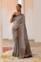 Joban Fashion Grey Crepe Chiffon Pure Handloom Banarasi Silk Saree | Grocsy