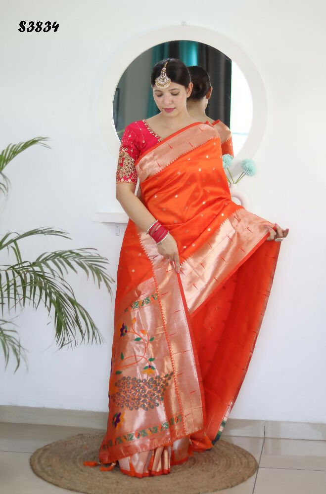Orange Woven Jacquard Designer Embroidery Work Party Wear Saree - Parampara | Grocsy