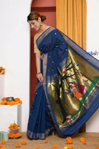 Very Much Indian Handloom Pure Cotton Paithani Saree- Royal Blue | Grocsy