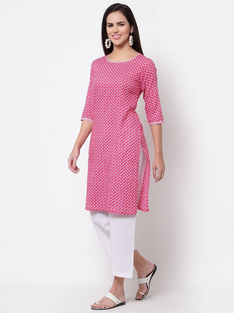 Myshka Women's Pink Cotton 3/4 Sleeve Round Neck Printed Casual Kurta | Grocsy