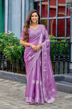 Vastranavya Lavender Embroidery Work Shimmer Chiffon Saree with Unstitched Blouse | Grocsy