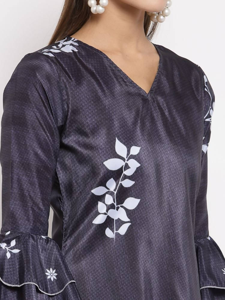 Myshka Women's Black Crep Printed Full Sleeve V Neck Casual Tunic | Grocsy