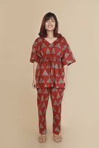 Breathables Women’S Loungewear Kaftan Cotton Red Geometric Print Co-Ord Set | Grocsy