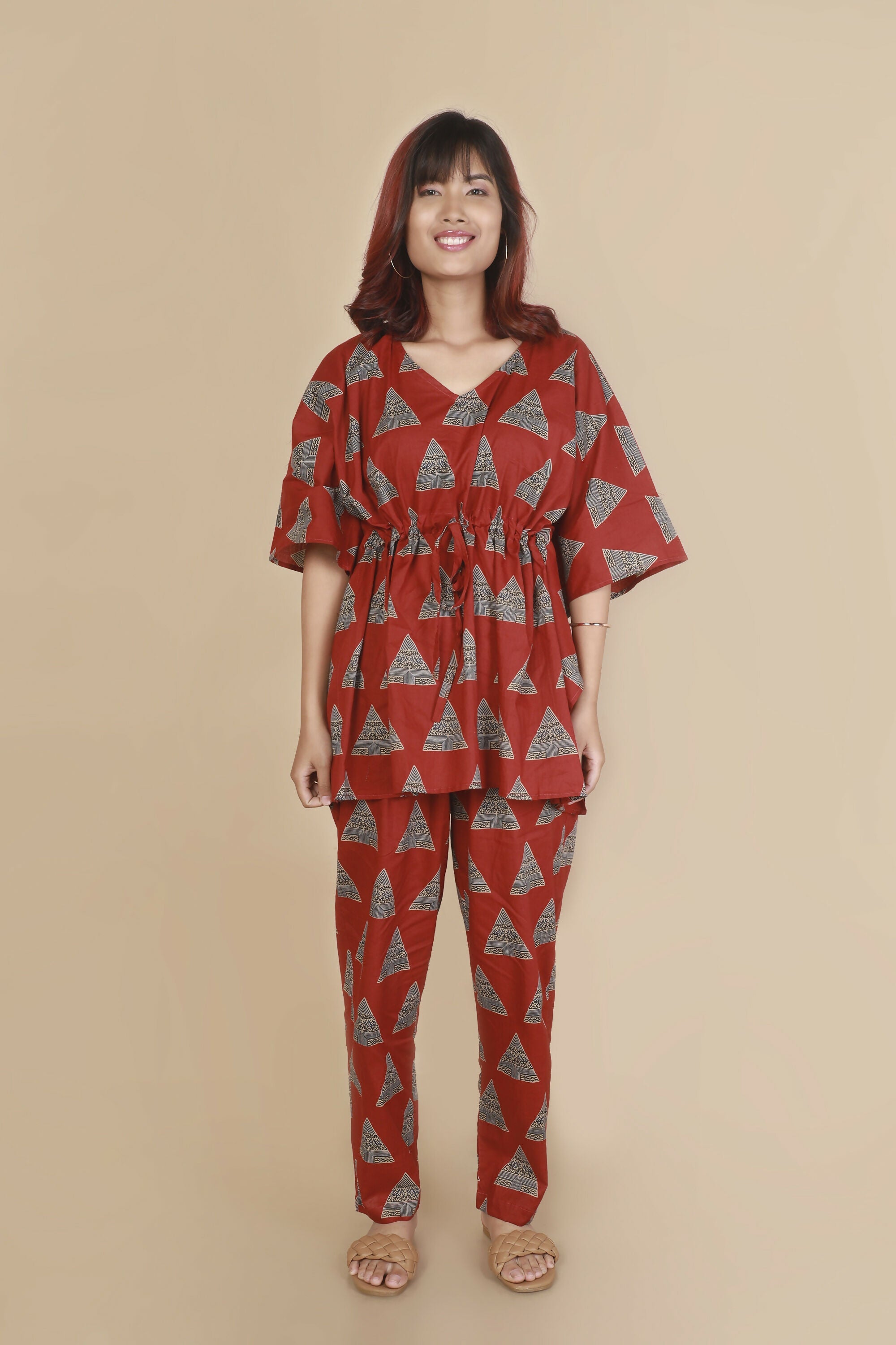 Breathables Women’S Loungewear Kaftan Cotton Red Geometric Print Co-Ord Set | Grocsy
