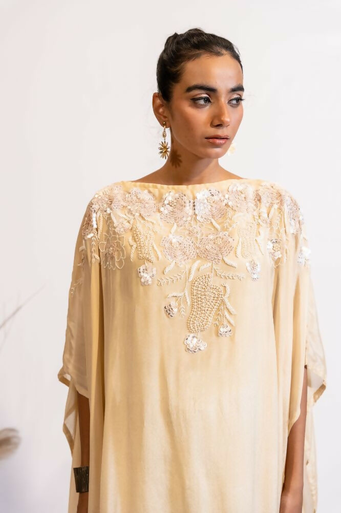 Timaraa Champagne Glow Hand-Embellished Georgette Kaftan Dress | Grocsy