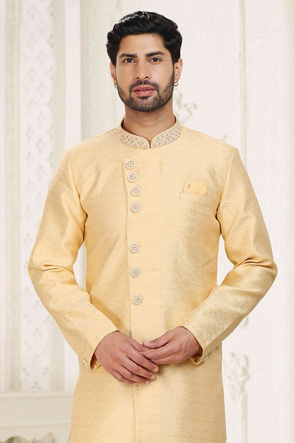 Raivat Ethnic Banarasi Jacquard Embroidery Semi Indo Western Sherwani In Yellow Colour | Grocsy