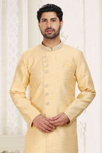 Raivat Ethnic Banarasi Jacquard Embroidery Semi Indo Western Sherwani In Yellow Colour | Grocsy