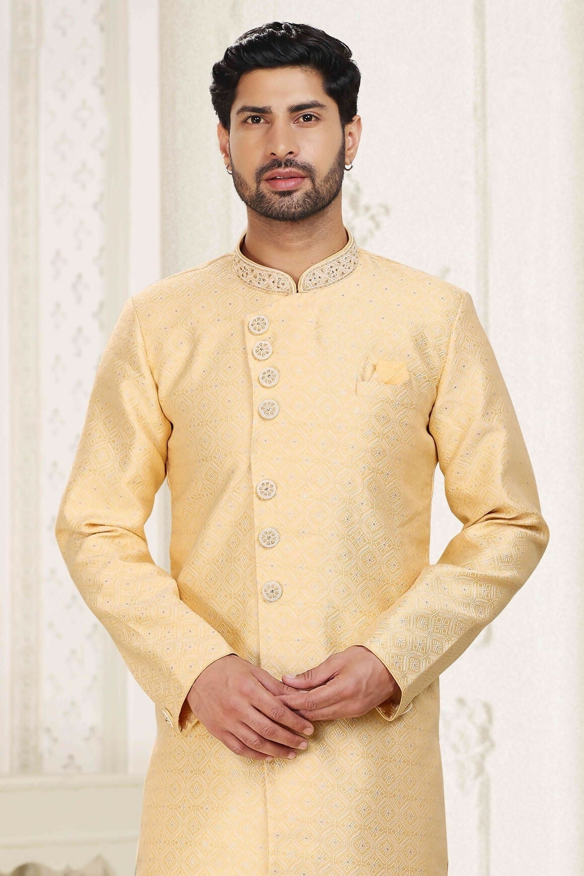 Raivat Ethnic Banarasi Jacquard Embroidery Semi Indo Western Sherwani In Yellow Colour | Grocsy