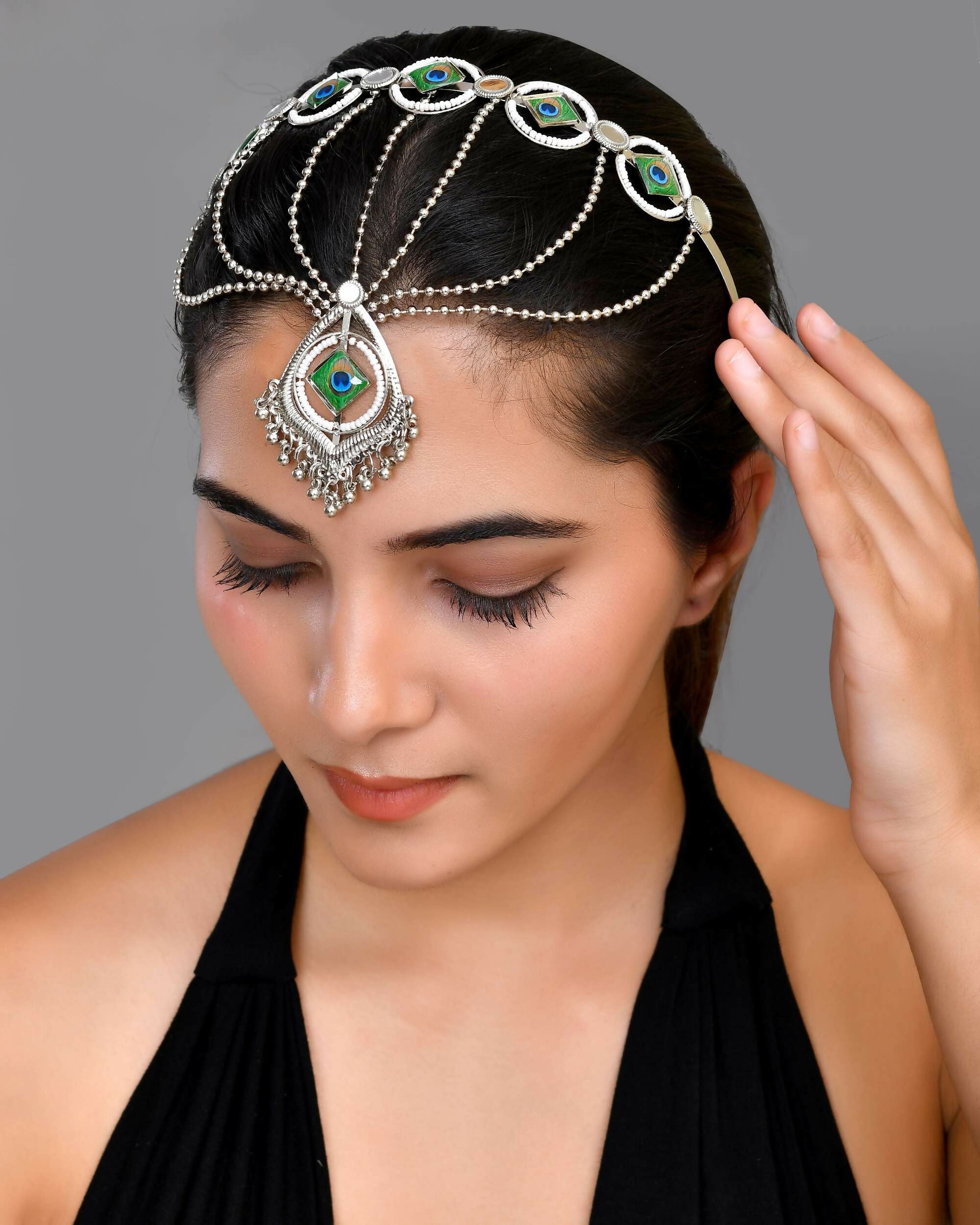 VOJ Silver Plated Peacock Printed Hairband With Mang Tikka | Grocsy