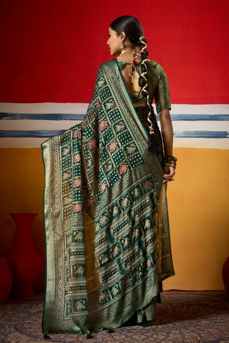 Joban Fashion Bottle Green Dull Moss Brasso Saree | Grocsy