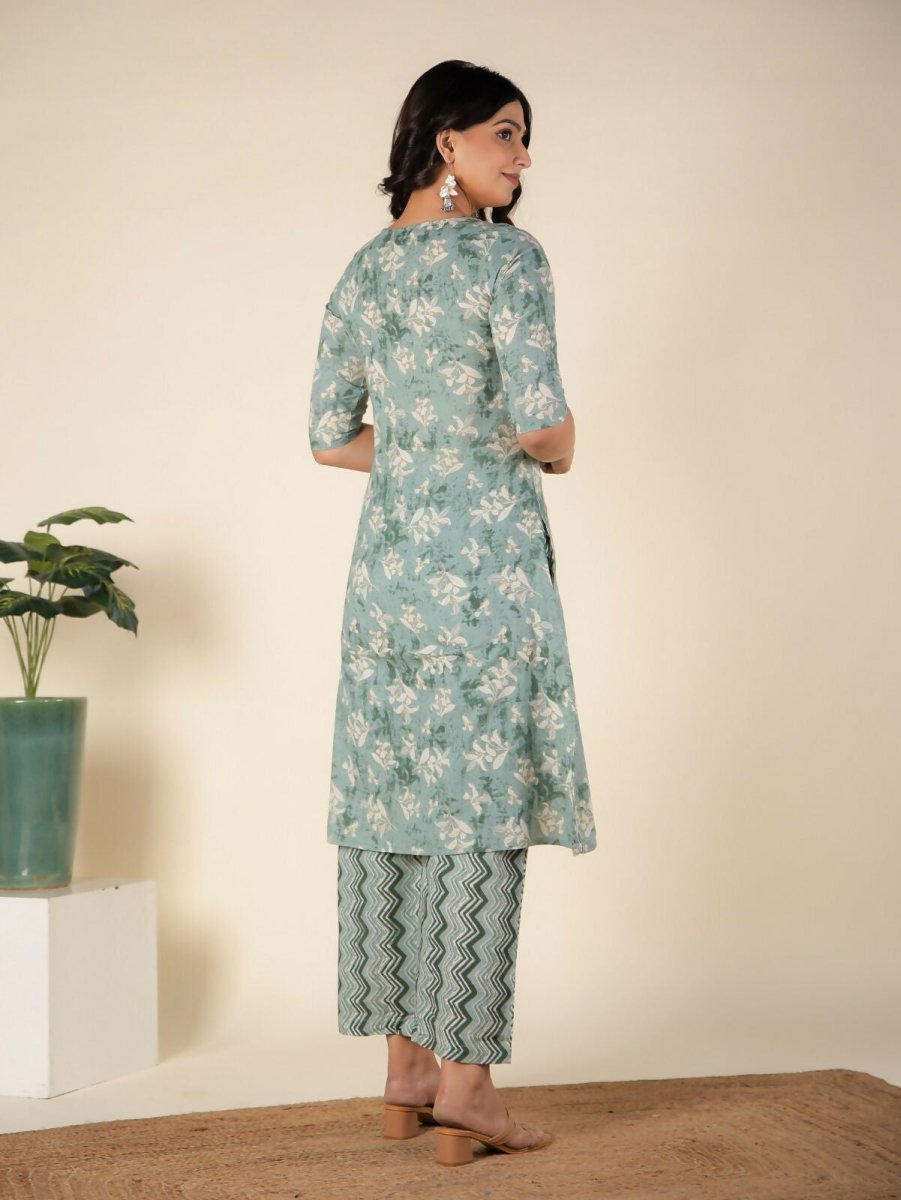 Aramya Green Soft Cotton Floral Print A-line Kurta Set for Women | Grocsy