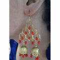 MS Fashion India Gold-Polished Fashion Traditional Double Jhumka Long Red Pearls Earrings | Grocsy