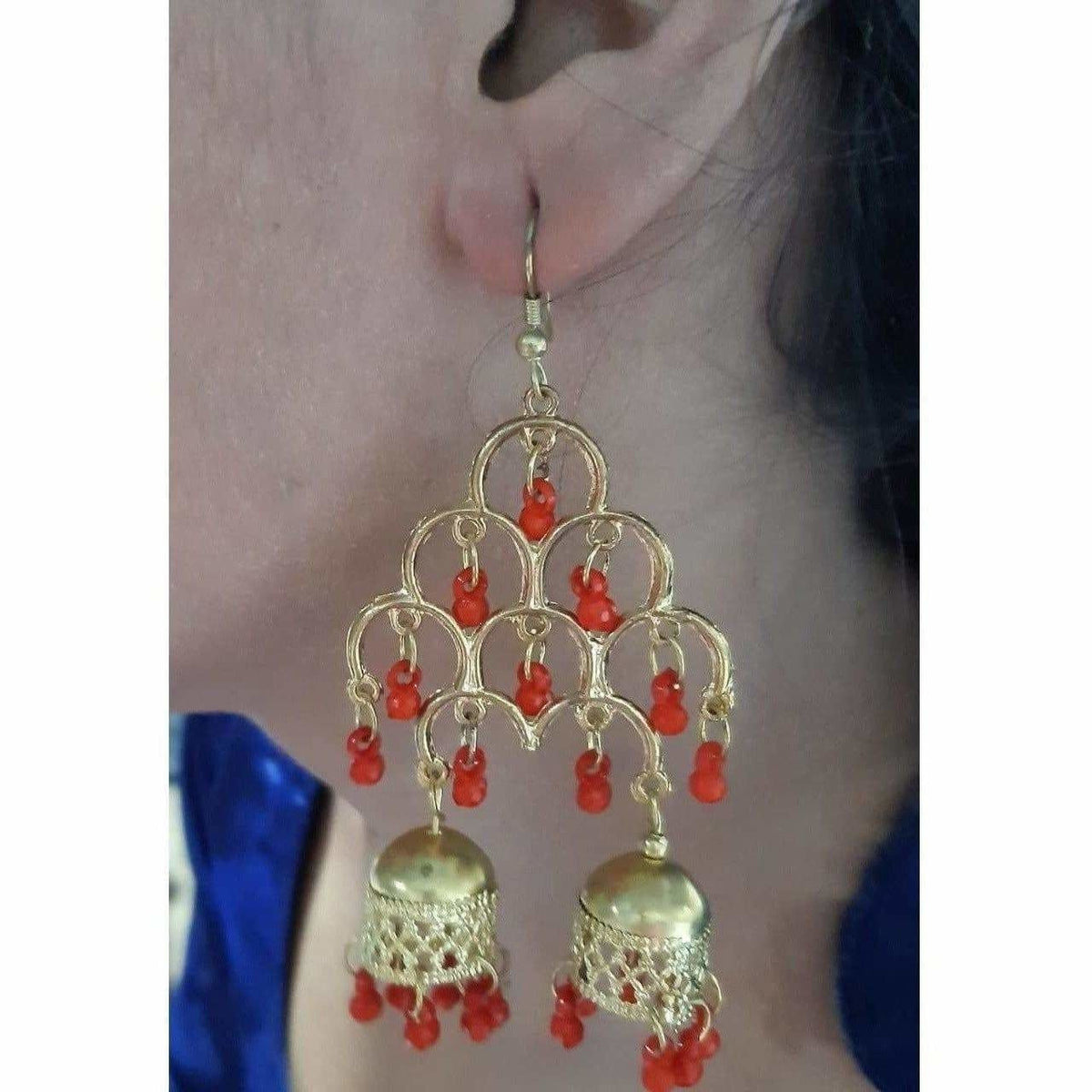 MS Fashion India Gold-Polished Fashion Traditional Double Jhumka Long Red Pearls Earrings | Grocsy
