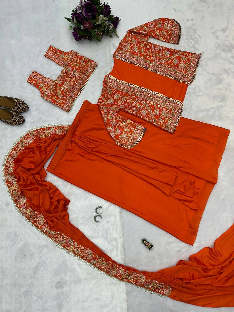 Teeya Creation Orange Color Chinon Silk Embroidery Work Ready To Wear Party Wear Saree With Koti | Grocsy