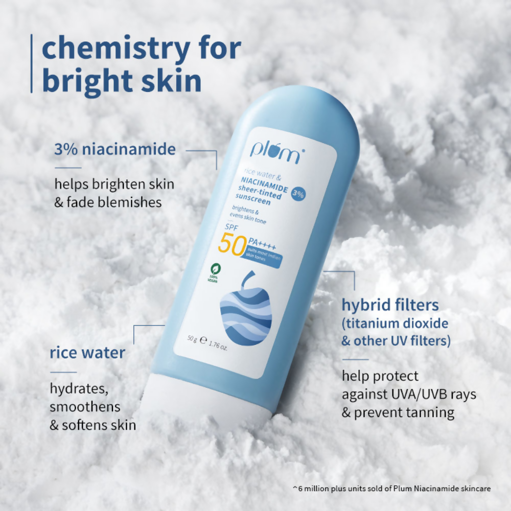 Plum Rice Water & 3% Niacinamide Sheer-Tinted Sunscreen With SPF 50 PA++++ For Oily To Normal Skin | Grocsy