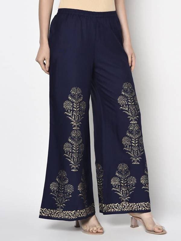 Aniyah Rayon Navy Blue Color Gold Print Flared Slip-On Palazzo (AN-193K) | Grocsy