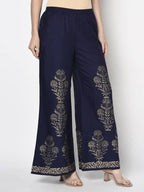 Aniyah Rayon Navy Blue Color Gold Print Flared Slip-On Palazzo (AN-193K) | Grocsy