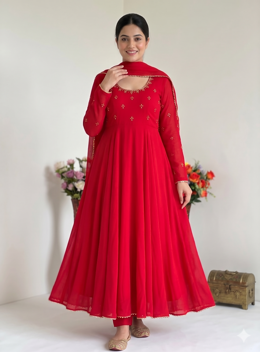 Teeya Creation New Trendy Party Wear Look Gerorrget Gown With Pant Dupatta Set - Red | Grocsy