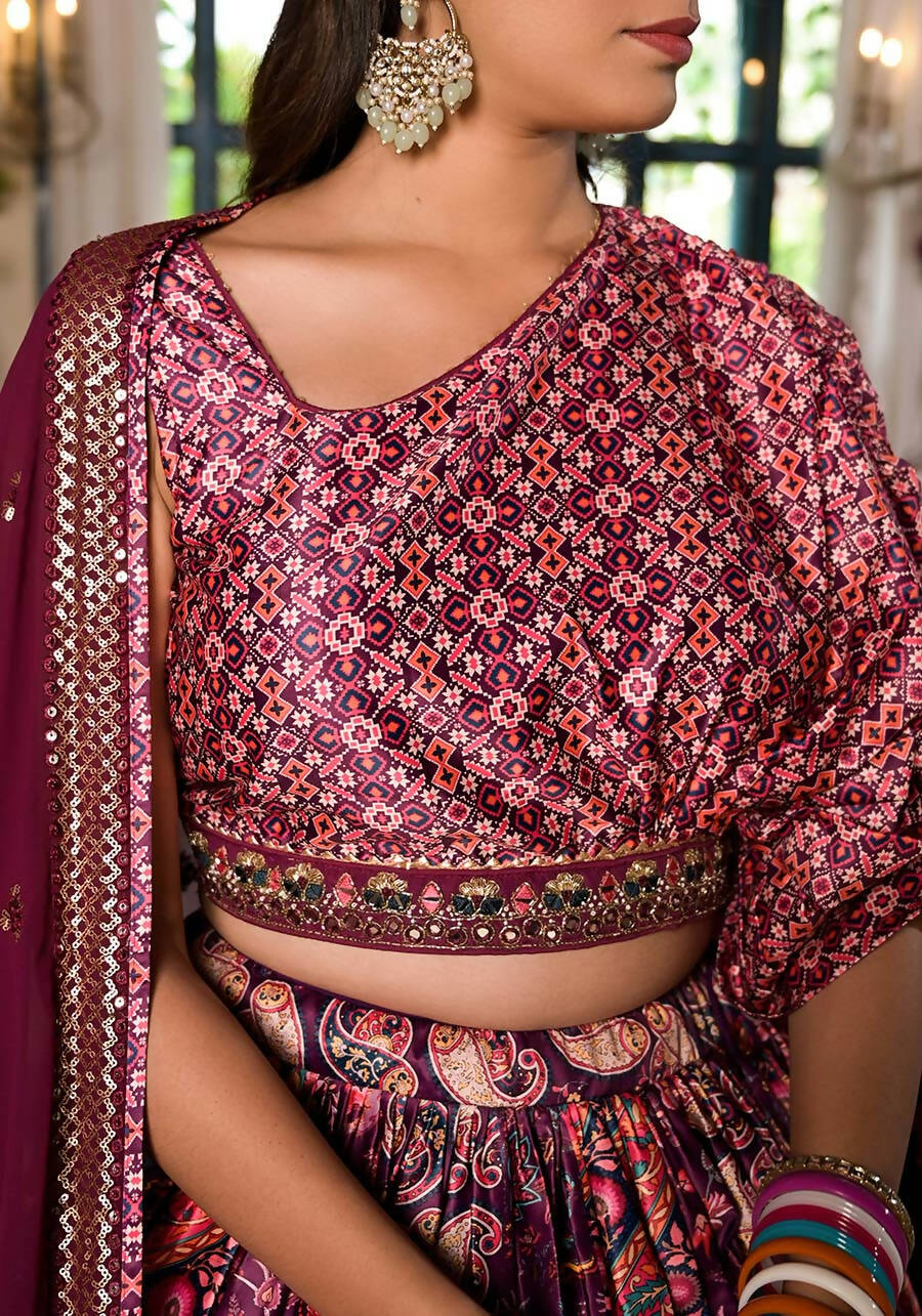 Women's Wedding Traditional Mulberry Dull Satin Lehenga Choli - Kaushlya | Grocsy