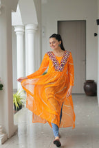 Vastranavya Orange Navratri Special Kutchi Patch Work with Leheriya Printed Kurti | Grocsy