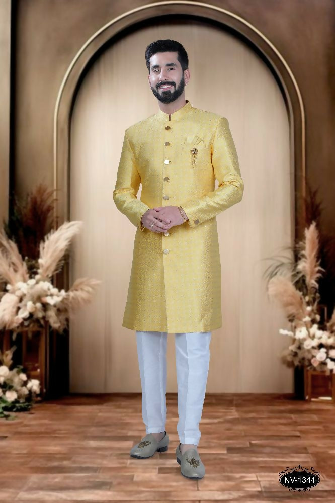 Joban Fashion Men's Yellow Brocade Kurta with Pyjama | Grocsy
