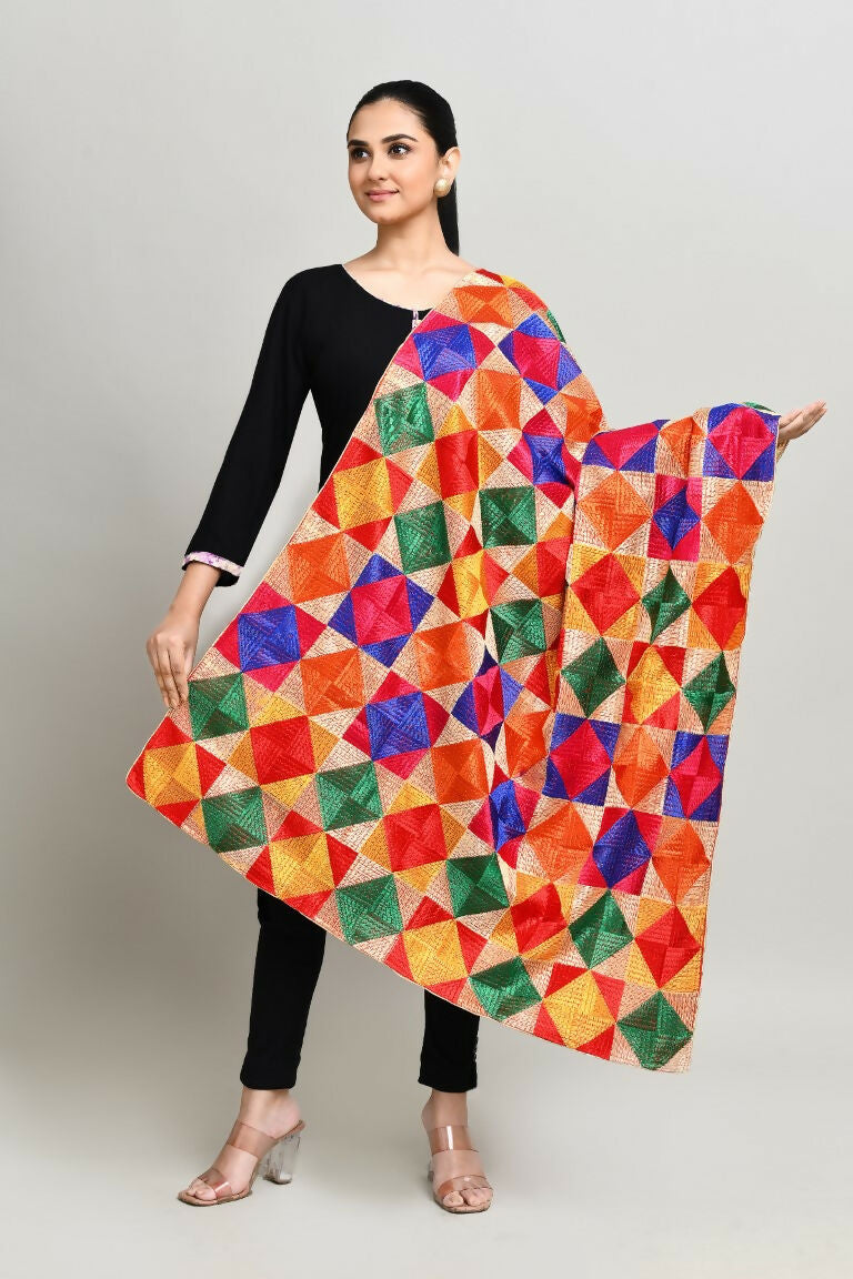 Joban Fashion Multi Color Cotton Embroidery Work Phulkari Dupatta | Grocsy
