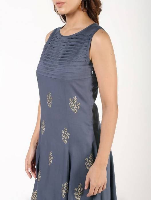 Aniyah Rayon Block Print Flared Grey Kurta (AN-150K) | Grocsy