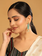 Nuyug 22K Gold Plated Pearl & Turquoise Stone Studded Contemporary Shaped Jhumkas | Grocsy