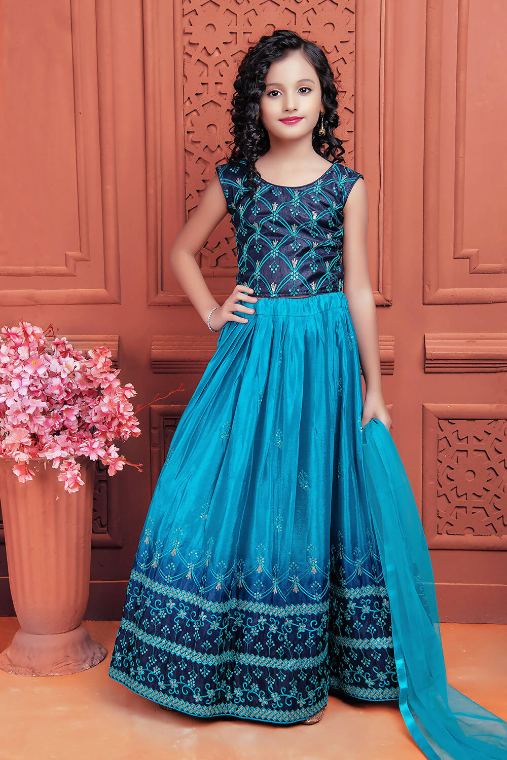 Kids Wedding Designer Sky Soft Chinon Silk Lehenga Choli - Aaradhna | Grocsy